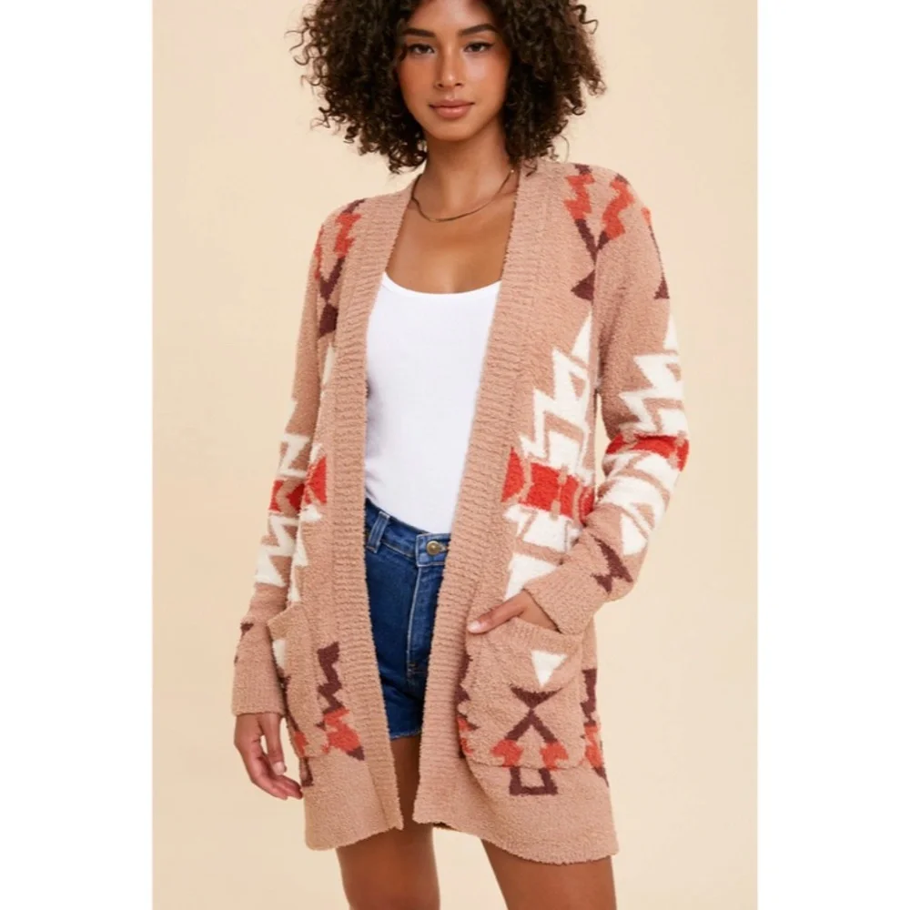 SOLD OUT Sand Multi Color Aztec Tribal Fuzzy Soft Knit Cardigan Sweater - Picture 2 of 11